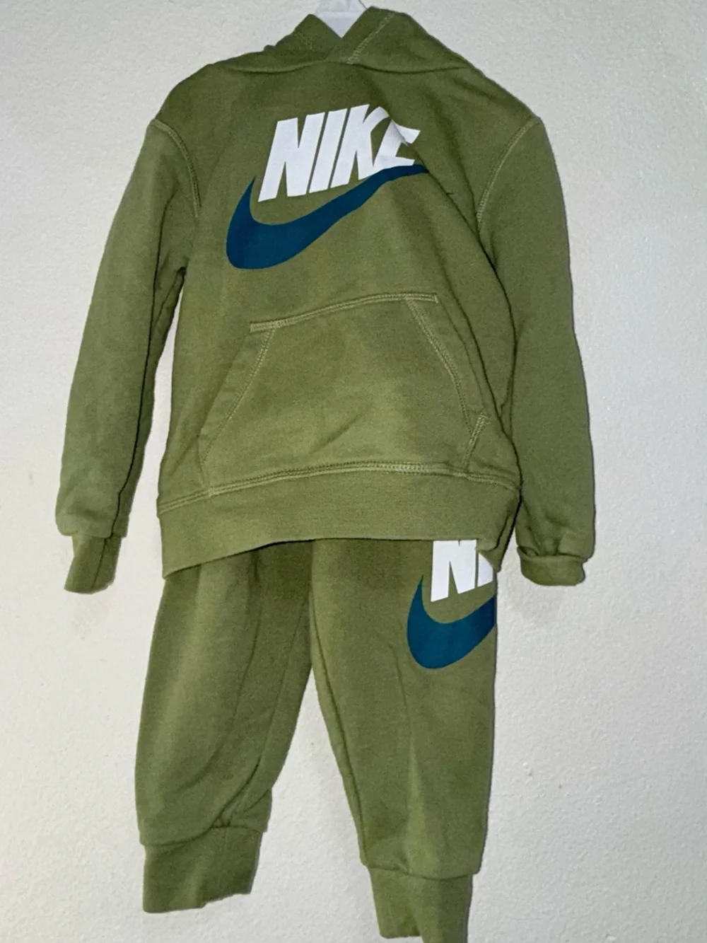 Nike Kids Olive Green Sweatshirt & Joggers with Blue Swoosh